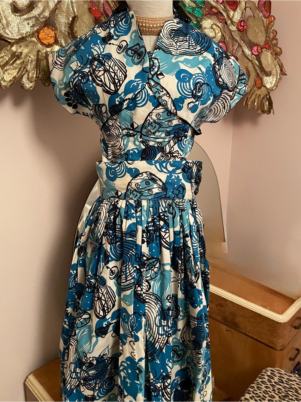1950s Tiki Halter Circle Skirt Bolero 3pc Set Blue Black Cotton XS - Picture 2 of 15